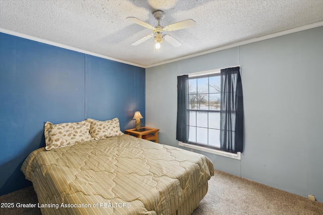 9428 S Wright Rd, Eagle, MI 48822 - bedroom featuring carpet flooring, ornamental molding, a ceiling fan, and a textured ceiling