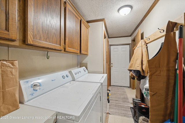 9428 S Wright Rd, Eagle, MI 48822 - laundry area featuring separate washer and dryer, cabinet space, a textured ceiling, and crown molding