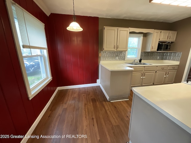 315 Oyer St, Springport, MI 49284 - kitchen with light countertops, dark wood-style floors, backsplash, and white cabinetry