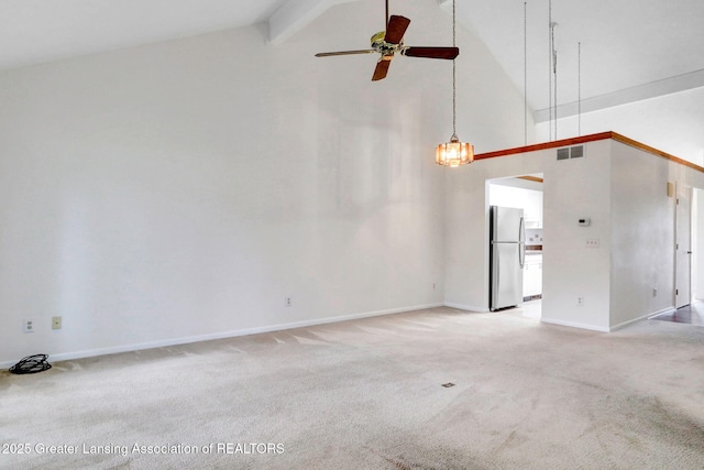 1621 Willow Creek Dr, Lansing, MI 48917 - unfurnished room featuring high vaulted ceiling, a ceiling fan, light carpet, a chandelier, and beamed ceiling