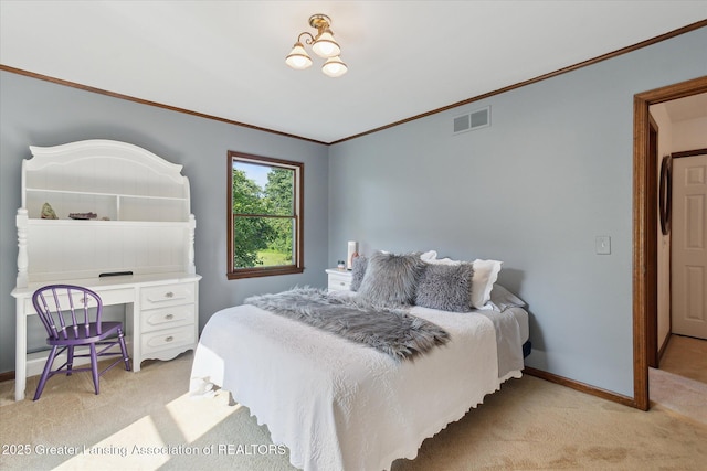 9303 Blueberry Ct, Howell, MI 48843 - bedroom featuring light carpet and ornamental molding