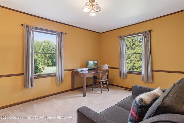 9303 Blueberry Ct, Howell, MI 48843 - carpeted office with baseboards and ornamental molding