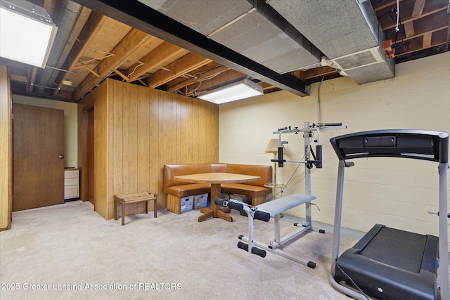 9303 Blueberry Ct, Howell, MI 48843 - workout area featuring wooden walls, carpet, and concrete block wall