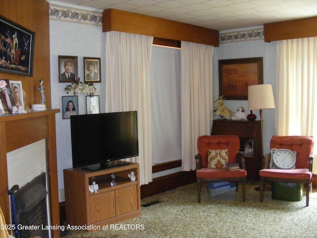 1002 Water St, Eaton Rapids, MI 48827 - living room featuring carpet floors and a fireplace