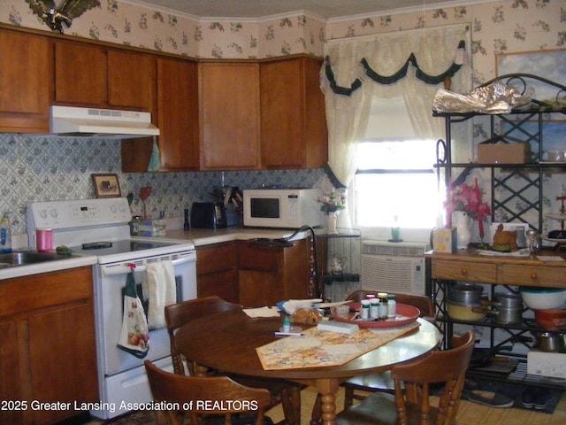 1002 Water St, Eaton Rapids, MI 48827 - kitchen featuring white appliances, under cabinet range hood, brown cabinets, light countertops, and backsplash