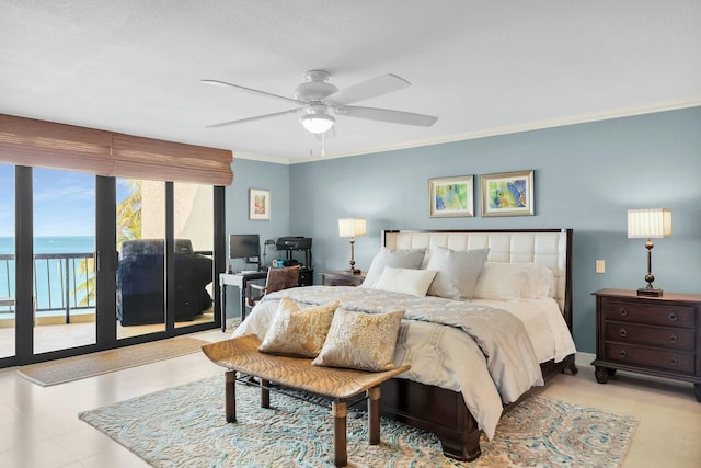bedroom with access to outside, ceiling fan, and crown molding