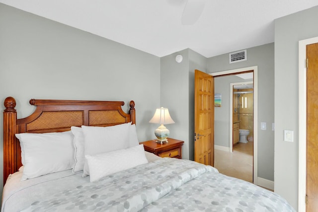 bedroom with visible vents, baseboards, a ceiling fan, and connected bathroom