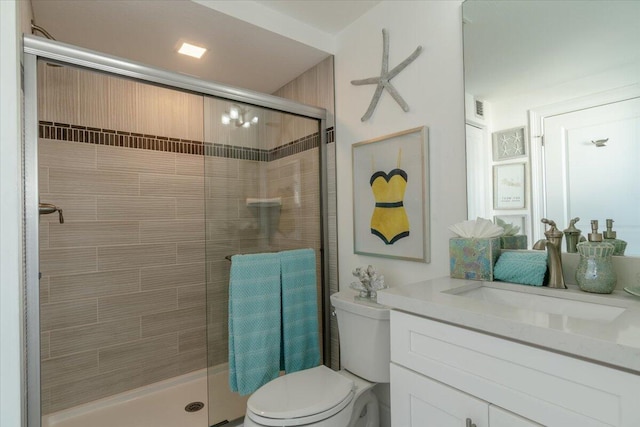 full bath with a shower stall, visible vents, toilet, and vanity