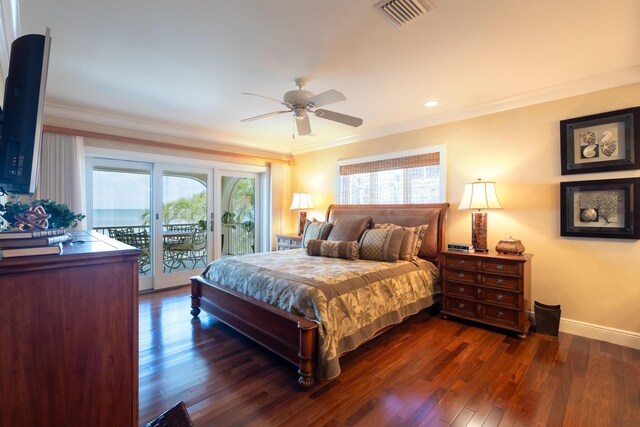 bedroom featuring visible vents, ornamental molding, access to outside, and baseboards