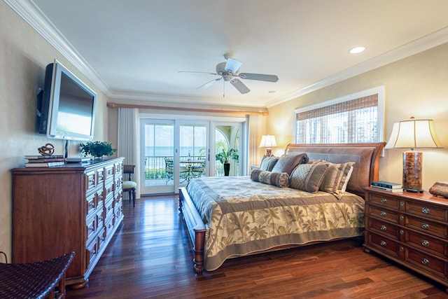 250 Seaview Cir, Duck, FL 33050 - bedroom featuring crown molding, recessed lighting, access to outside, and dark wood-style floors