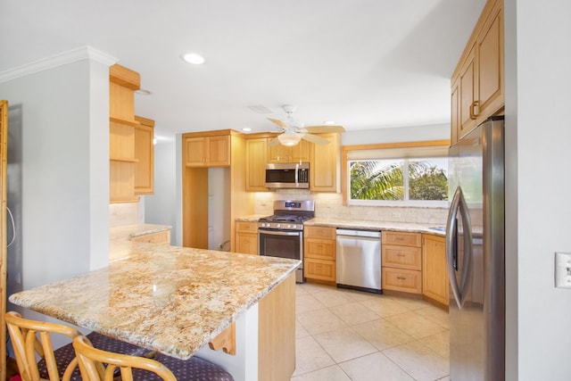 kitchen featuring recessed lighting, stainless steel appliances, a peninsula, backsplash, and open shelves