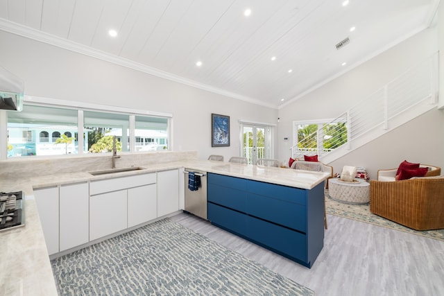 kitchen with visible vents, stainless steel dishwasher, open floor plan, recessed lighting, and light wood-style flooring