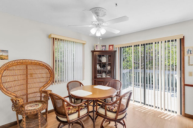 dining area featuring baseboards, ceiling fan, and light wood-style floors