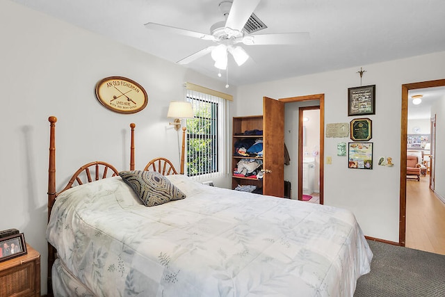 bedroom featuring baseboards, carpet flooring, and ceiling fan