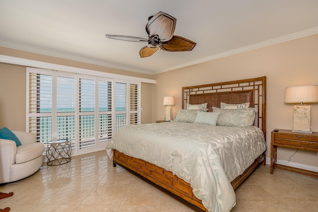bedroom featuring crown molding, ceiling fan, and baseboards