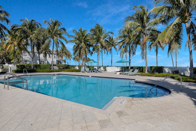 pool featuring a patio area and fence