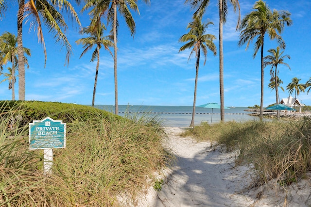 view of water feature featuring a beach view