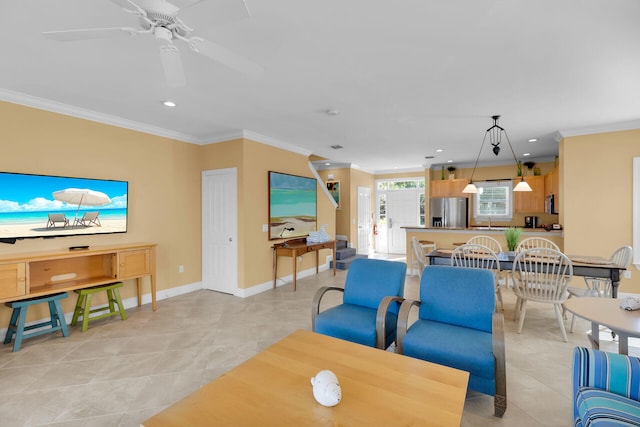 living room with light tile patterned floors, recessed lighting, baseboards, ornamental molding, and stairway