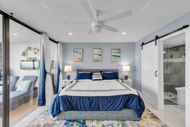 bedroom featuring a ceiling fan, recessed lighting, ensuite bathroom, and a barn door