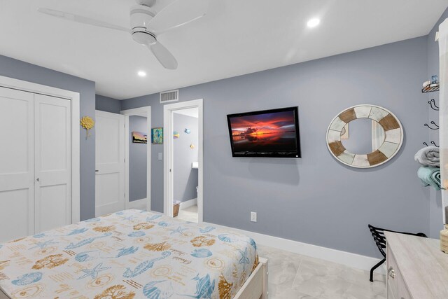 bedroom with recessed lighting, a closet, visible vents, a ceiling fan, and baseboards