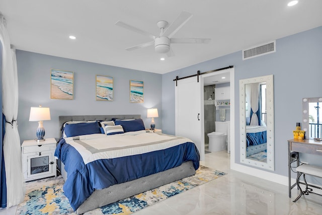 bedroom featuring a barn door, recessed lighting, a ceiling fan, visible vents, and ensuite bath