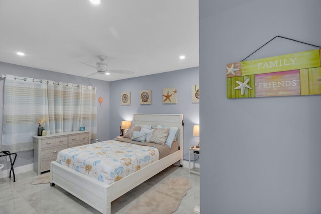 bedroom with recessed lighting, ceiling fan, and baseboards