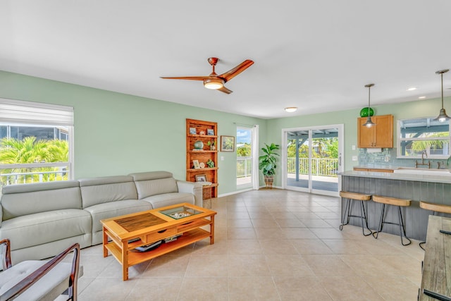 17126 Wahoo Ln, Sugarloaf, FL 33042 - living room with a ceiling fan, plenty of natural light, light tile patterned floors, and recessed lighting