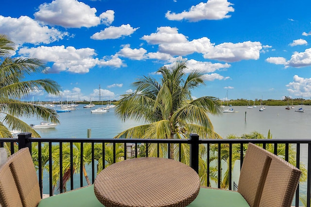balcony featuring a water view