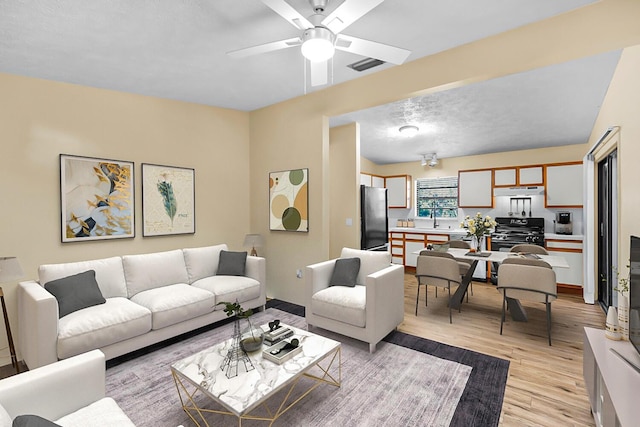 living area featuring light wood finished floors, ceiling fan, visible vents, and a textured ceiling