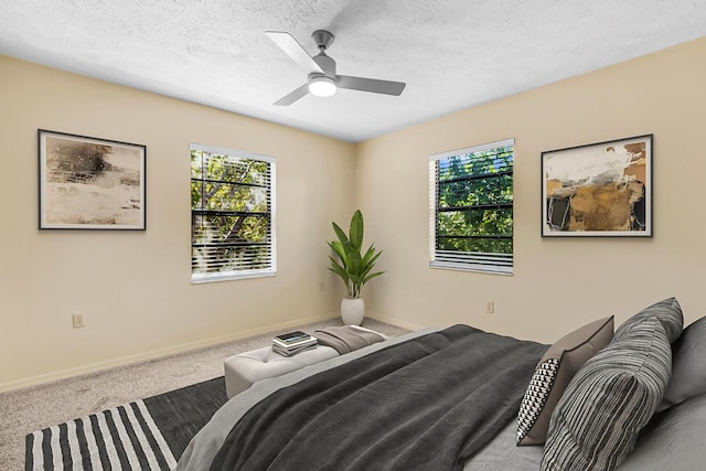bedroom featuring a textured ceiling, multiple windows, carpet flooring, and baseboards