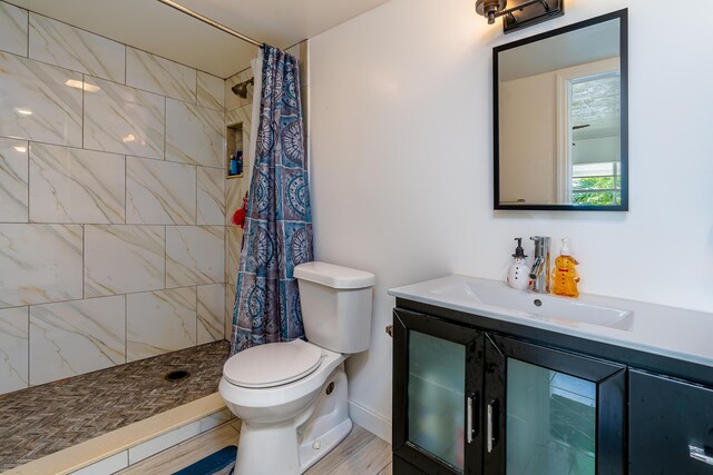 bathroom featuring toilet, a shower stall, and vanity