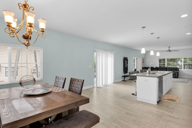 241 Seaview Dr, Duck, FL 33050 - dining area with a chandelier, light wood-type flooring, recessed lighting, baseboards, and a ceiling fan