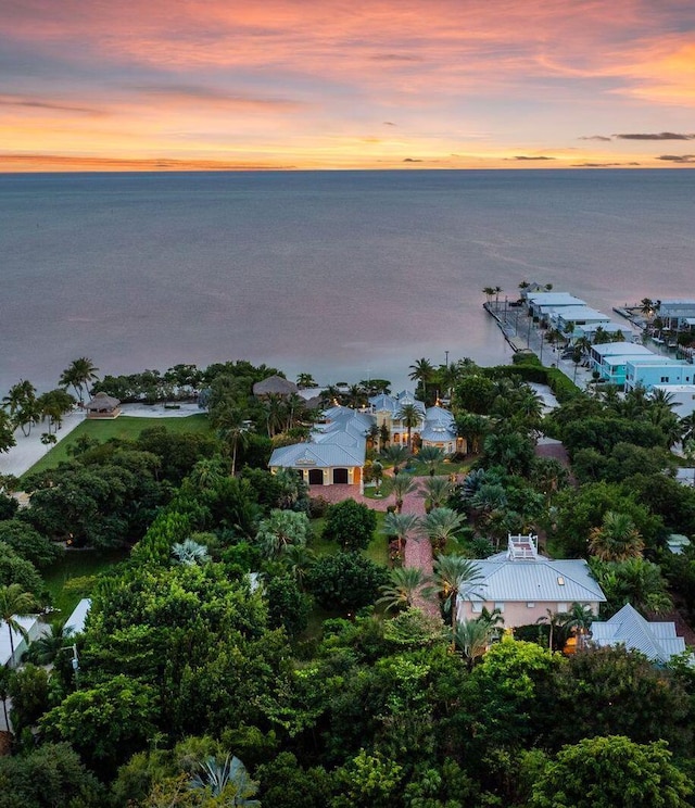 aerial view at dusk with a water view