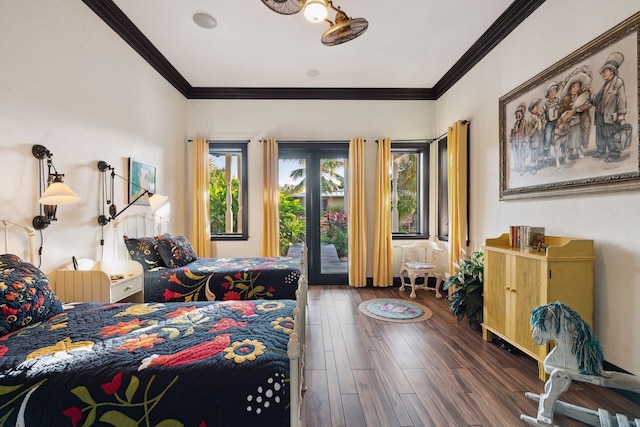 bedroom featuring access to exterior, crown molding, and dark wood-style flooring