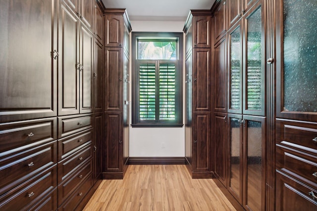 walk in closet with light wood-style flooring