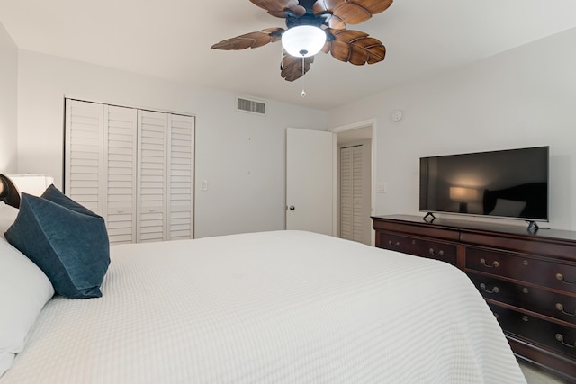 bedroom with a closet, ceiling fan, and visible vents