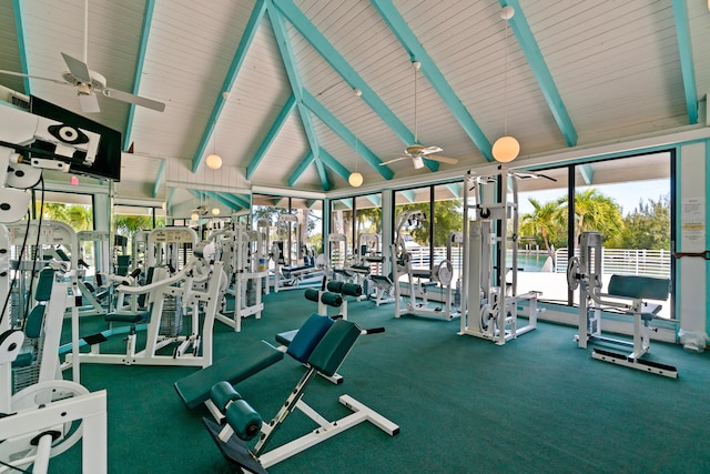 exercise room featuring lofted ceiling and a ceiling fan
