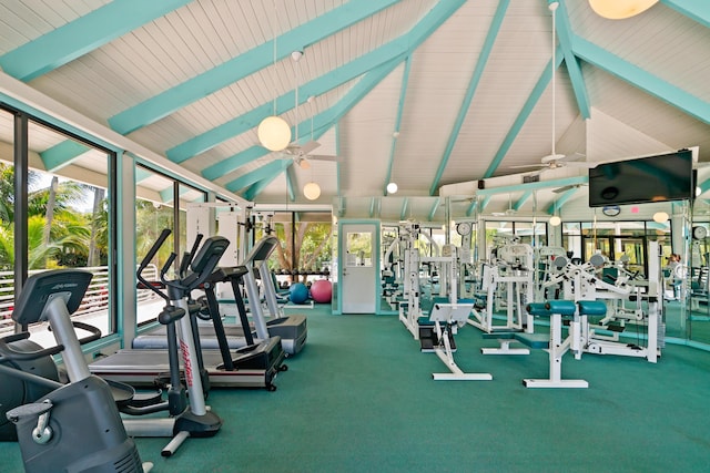 exercise room with lofted ceiling and ceiling fan