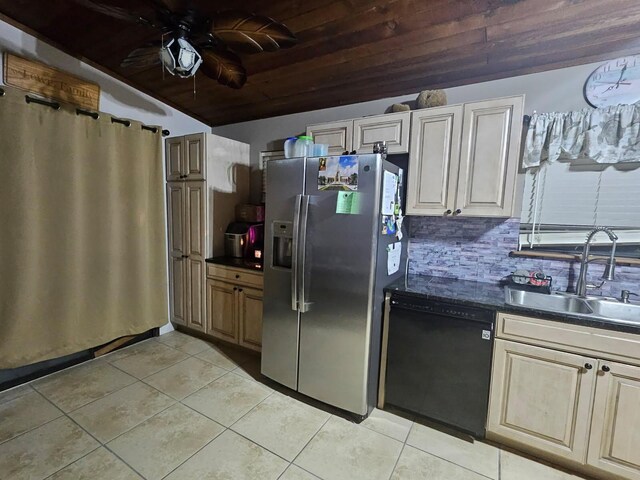 kitchen with stainless steel refrigerator with ice dispenser, light tile patterned floors, a sink, wooden ceiling, and dishwasher