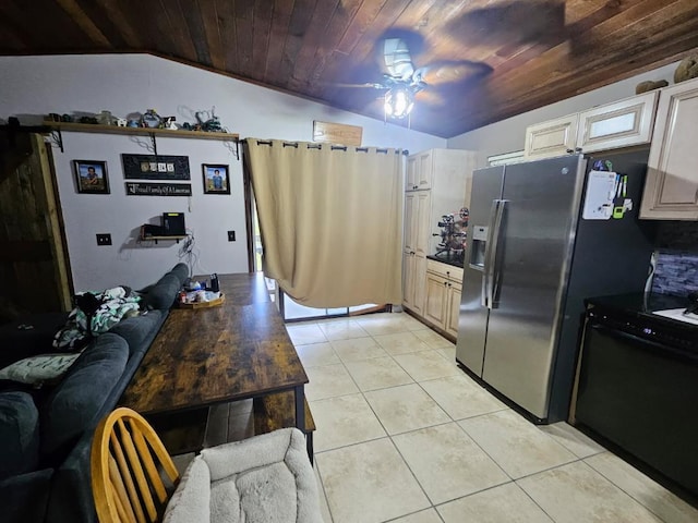 kitchen with dark countertops, lofted ceiling, wood ceiling, light tile patterned flooring, and ceiling fan