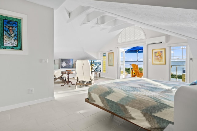 bedroom featuring baseboards, vaulted ceiling with beams, a water view, access to outside, and an AC wall unit