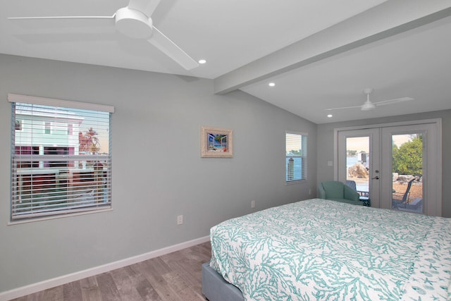 bedroom with wood finished floors, access to outside, recessed lighting, french doors, and lofted ceiling with beams