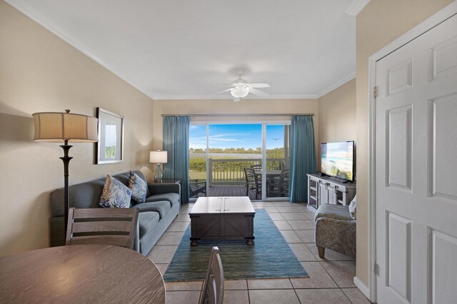 6005 Marina Villa Dr Unit C-019, Duck, FL 33050 - living room featuring a ceiling fan, light tile patterned floors, and ornamental molding