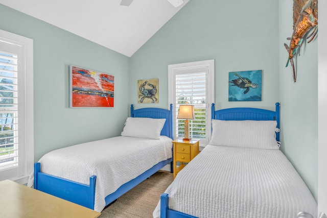 bedroom featuring lofted ceiling and ceiling fan