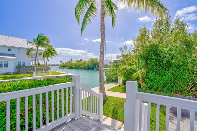 deck featuring a water view