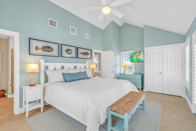 bedroom featuring visible vents, high vaulted ceiling, and a ceiling fan