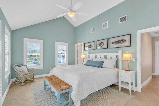 tiled bedroom with visible vents, ceiling fan, and baseboards