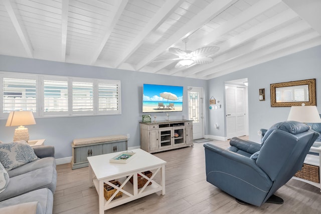 8 Sadowski Cswy, Key Colony, FL 33051 - living area featuring baseboards, light wood finished floors, a ceiling fan, and wood ceiling with exposed beams
