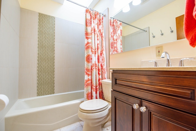full bath featuring toilet, shower / tub combo with curtain, and vanity
