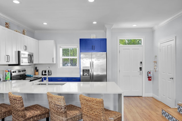 12399 Overseas Hwy Unit 12, Marathon, FL 33050 - kitchen featuring a healthy amount of sunlight, appliances with stainless steel finishes, blue cabinetry, and a breakfast bar area